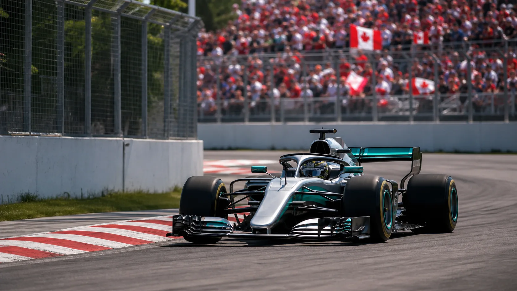Generated editorial image of a silver open-wheel race car exiting a Montreal-style chicane