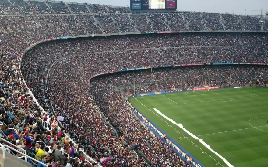 Packed football stadium crowd at Camp Nou