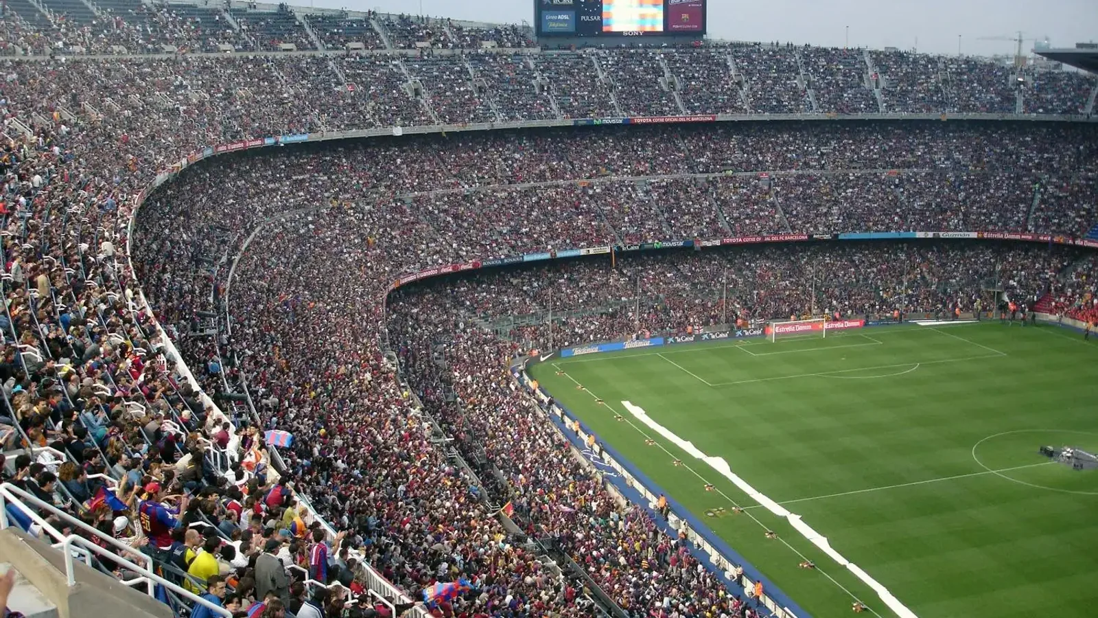 Packed football stadium crowd at Camp Nou