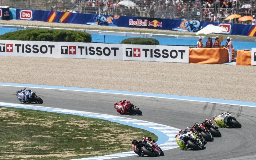 MotoGP riders sweeping through a corner at Circuito de Jerez