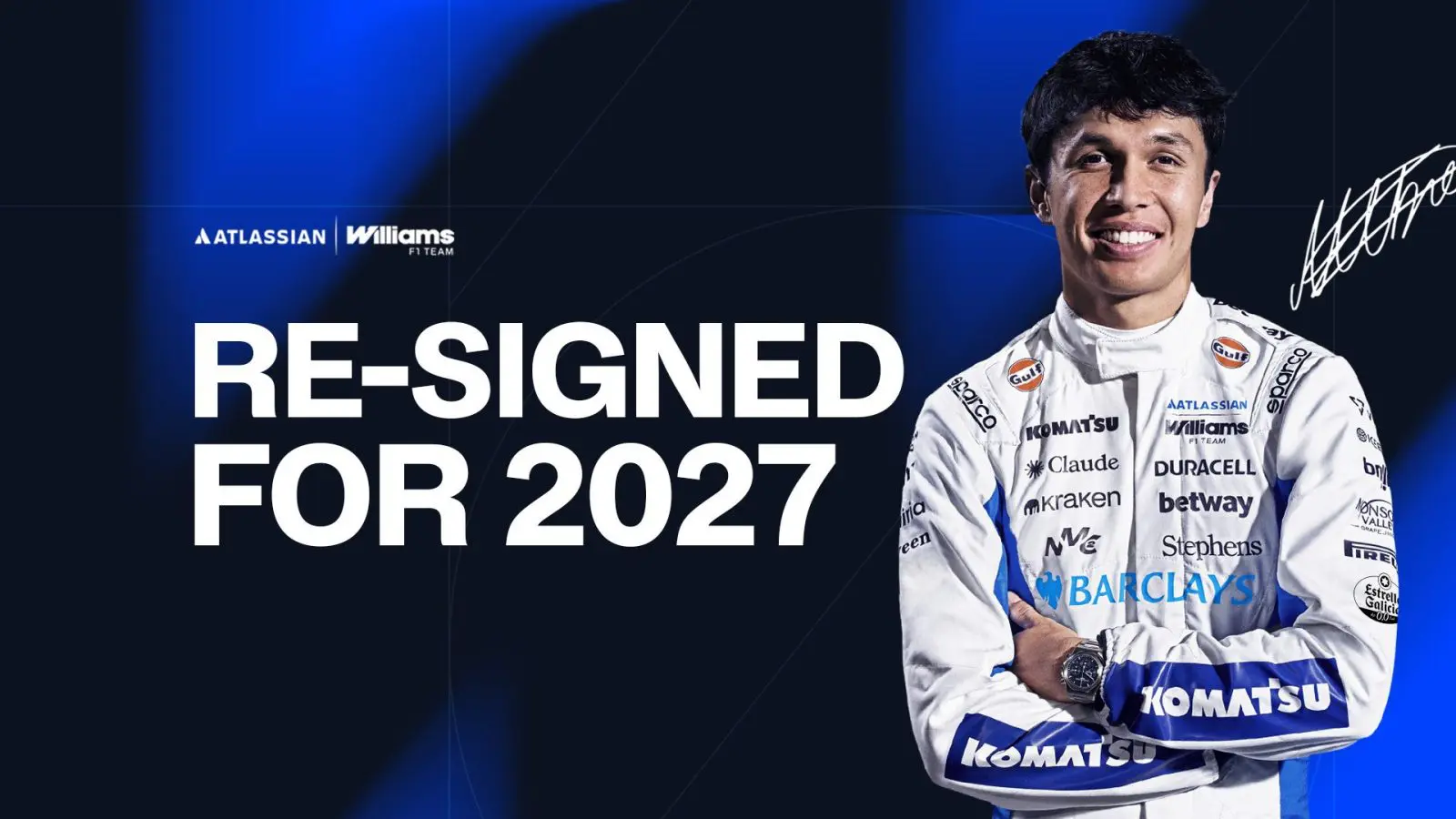 Alex Albon in an Atlassian Williams F1 Team image from the team’s 2027 announcement