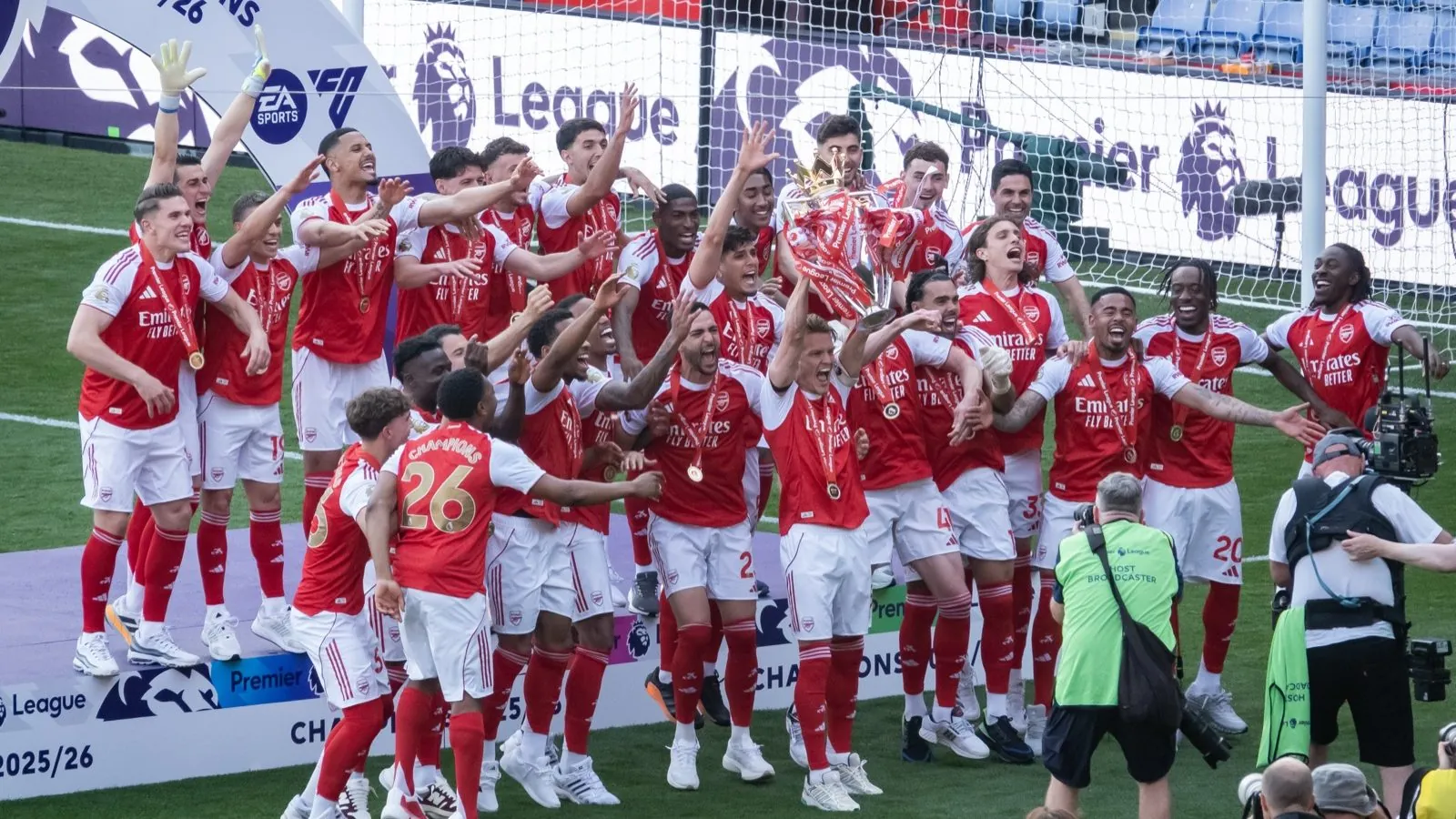 Arsenal players lift the Premier League trophy after securing the 2025-26 Premier League title in May 2026