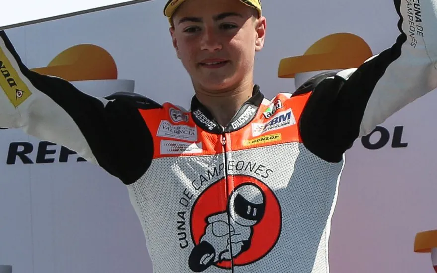 Portrait of Spanish motorcycle rider Izan Guevara in racing kit