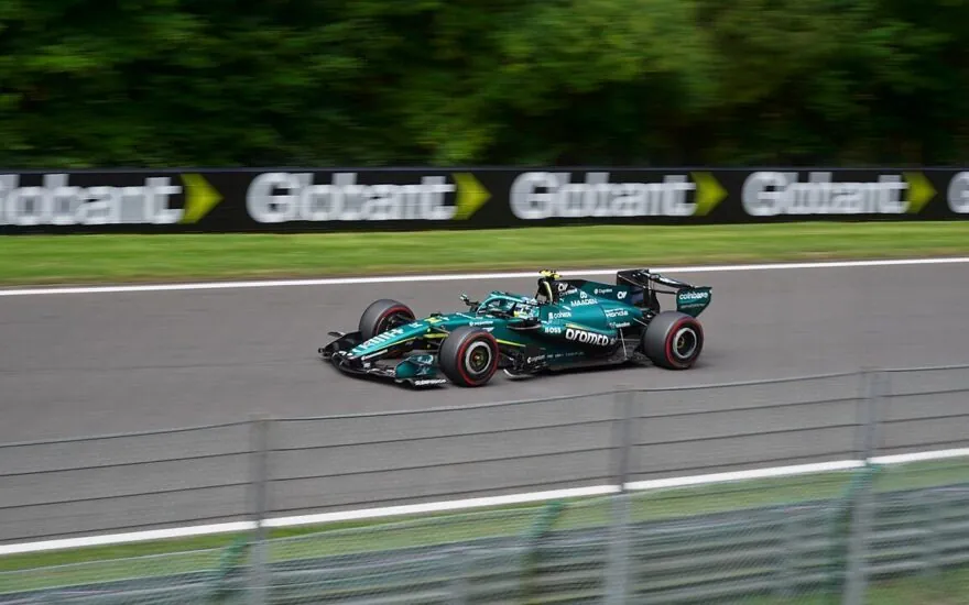 Fernando Alonso driving the Aston Martin AMR26 at Spa-Francorchamps during the 2026 Belgian Grand Prix.